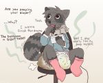  anthro biped blush clothing dialogue diaper english_text feces humanoid_hands legwear mammal messy_diaper messyszop procyonid raccoon scat sitting socks soiling solo text urine watersports wet_diaper wetting 