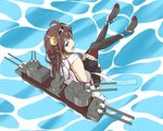  ahoge bad_id bad_pixiv_id black_footwear black_legwear black_skirt blue_eyes boots cannon den_(kur0_yuki) detached_sleeves frilled_skirt frills from_above hair_bun in_water kantai_collection kongou_(kantai_collection) lace-trimmed_sleeves long_hair looking_at_viewer open_mouth rigging sitting skirt solo thigh_boots thighhighs very_long_hair zettai_ryouiki 