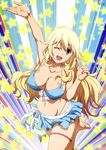  ;d absurdres arm_up armpits atago_(kantai_collection) bangs barefoot bikini bikini_skirt blonde_hair blue_bikini blue_eyes bow breasts cleavage clenched_hand collarbone eyebrows_visible_through_hair front-tie_bikini front-tie_top glowing groin hair_between_eyes halterneck hand_up happy head_tilt highres hips jumping kantai_collection kantai_collection_(anime) katou_tsurugi large_breasts leg_lift leg_up long_hair looking_at_viewer navel nyantype official_art one_eye_closed open_mouth sarong scan sideboob smile solo star swimsuit thigh_strap very_long_hair white_bow 