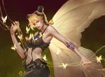  black_hair blonde_hair blurry braid bug butterfly butterfly_wings dated double_bun gradient gradient_background halter_top halterneck highres insect jojo_no_kimyou_na_bouken kuujou_jolyne midriff multicolored_hair solo stone_ocean string syusuke0229 tattoo two-tone_hair wings 