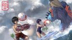  1girl 2boys ball baymax beach beachball big_hero_6 black_hair blue_sky cloud costume disney flower flower_necklace fred_(big_hero_6) gogo_tomago hiro_hamada logo ly_hao_nguyen marvel multiple_boys necklace palm_tree robot short_hair sky swimsuit water water_gun 