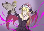  bad_id bad_pixiv_id bare_shoulders bird bird_on_hand black_dress black_gloves blonde_hair blurry breasts cleavage collarbone crown demon_wings den_(kur0_yuki) depth_of_field dress elbow_gloves evolution gloves gradient gradient_background horns jewelry lilith_(p&amp;d) long_hair magic medium_breasts necklace off-shoulder_dress off_shoulder owl pink_eyes pointy_ears puzzle_&amp;_dragons solo very_long_hair wings 