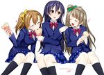  3girls ^_^ blazer blue_hair bow brown_hair closed_eyes crepe dated eating eighth_note feeding food happy heart jacket kneehighs kousaka_honoka long_hair looking_at_another love_live! love_live!_school_idol_project minami_kotori multiple_girls musical_note one_side_up open_mouth orange_hair otonokizaka_school_uniform school_uniform signature simple_background sitting skirt sonoda_umi suzume_miku white_background yellow_eyes 