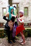  2girls asian breasts capcom chouzuki_maryou cosplay large_breasts lilith_aensland lilith_aensland_(cosplay) morrigan_aensland morrigan_aensland_(cosplay) multiple_girls outdoors photo plump suzuka_itsuki vampire_(game) 