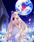  bishoujo_senshi_sailor_moon blonde_hair blue_eyes crescent cutie_moon_rod double_bun dress earrings earth facial_mark flower forehead_mark hair_flower hair_ornament highres jewelry kneeling lily_(flower) long_hair narumi_yuka petals pillar planet princess_serenity purple_flower purple_rose rose smile solo staff strapless strapless_dress tsukino_usagi twintails very_long_hair white_dress 