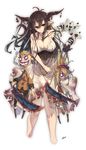  antenna_hair bandages blood bloody_clothes bloody_dress breasts brown_eyes brown_hair cleavage crescent cropped_legs danua disembodied_limb doll draph dress granblue_fantasy gretel_(granblue_fantasy) hair_between_eyes hansel_(granblue_fantasy) horn_ornament horns jewelry large_breasts long_hair looking_at_viewer necklace pointy_ears standing sword torn_clothes underbust weapon white_dress yoshikanakamura 