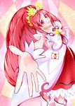  blush cure_ace dokidoki!_precure dress earrings eyelashes hair_ornament hair_ribbon half_updo happy heart highres jewelry lipstick long_hair looking_at_viewer madoka_aguri magical_girl makeup mikan_(mikataaaa) ponytail precure red_dress red_eyes red_hair ribbon smile solo standing thighhighs very_long_hair wrist_cuffs 