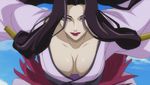  1girl black_hair brave_10 breasts corset female highres kaiyo_(brave_10) large_breasts long_hair okatsu purple_eyes red_lipstick screencap solo 