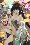  1girl bangs bare_shoulders black_hair breasts cherry_blossoms cleavage hair_ornament hand_up highres japanese_clothes kimono large_breasts long_hair long_sleeves looking_at_viewer obi off_shoulder onmyoji petals sash scroll sitting solo tony_guisado very_long_hair wide_sleeves yellow_eyes 