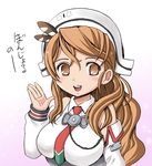  :d bare_shoulders blush breasts brown_eyes brown_hair detached_sleeves gradient gradient_background harukigenia kantai_collection large_breasts littorio_(kantai_collection) long_hair long_sleeves maid_headdress necktie open_mouth ponytail smile solo translated upper_body wavy_hair 