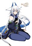  alternate_costume animal_ears bare_shoulders barefoot blue_eyes blush breasts bridal_gauntlets dragon_horns dragon_tail flying_sweatdrops fox_ears full_body heterochromia horns konshin large_breasts long_hair looking_at_viewer open_mouth orange_eyes orie_hakua pixiv_fantasia pixiv_fantasia_new_world silver_hair simple_background sitting smile solo tail toeless_legwear toes very_long_hair white_background 