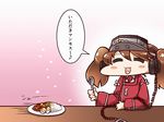  :3 blush blush_stickers brown_hair cable curry curry_rice egg food headphones kantai_collection magatama rice ryuujou_(kantai_collection) solo spoon tanaka_kusao translated twintails visor_cap 