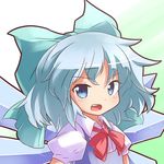  blue_eyes blue_hair cirno gradient gradient_background hair_ribbon looking_at_viewer lowres open_mouth outline puffy_short_sleeves puffy_sleeves ribbon ryogo short_hair short_sleeves solo touhou upper_body wings 