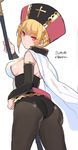  ass bad_id bad_twitter_id blonde_hair breasts cross dated from_behind hat large_breasts mitre original pantyhose red_eyes short_hair sideboob signature solo tabard white_background yuuhi_homare 