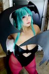  1girl aqua_hair asian bat_wings breasts capcom chouzuki_maryou cosplay female head_wings large_breasts morrigan_aensland morrigan_aensland_(cosplay) photo plump solo vampire_(game) wings 