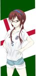  2014_fifa_world_cup bad_id bad_pixiv_id brown_hair collarbone crest den_(kur0_yuki) england english_flag eyelashes glasses green_eyes hairband hands_on_hips looking_at_viewer low_twintails makinami_mari_illustrious neon_genesis_evangelion outline pale_skin rebuild_of_evangelion red-framed_eyewear shirt shorts simple_background soccer soccer_uniform solo sportswear t-shirt thighs twintails white_shirt world_cup 