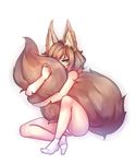  animal_ear_fluff animal_ears brown_hair fox_ears fox_tail glaring green_eyes large_tail looking_at_viewer monorus original panties simple_background sitting socks solo tail tail_hug underwear white_background white_panties 