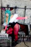  1girl aqua_hair asian bat_wings breasts capcom chouzuki_maryou cosplay female head_wings large_breasts morrigan_aensland morrigan_aensland_(cosplay) photo plump solo vampire_(game) wings 