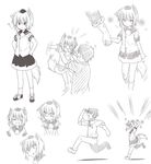  1girl :d ^_^ adapted_costume anger_vein angry animal_ears bad_id bad_twitter_id bandaid blush bruise chasing closed_eyes embarrassed faceless faceless_male flailing greyscale hat injury inubashiri_momiji kazawa_(tonzura-d) lifting_person monochrome open_mouth shirt sketch skirt smile tail tokin_hat torn_clothes touhou wolf_ears wolf_tail younger 