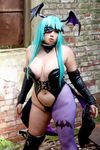  1girl aqua_hair asian bat_wings breasts capcom chouzuki_maryou cosplay female head_wings large_breasts morrigan_aensland morrigan_aensland_(cosplay) photo plump solo vampire_(game) wings 