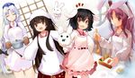  :d ^_^ animal_ears black_hair braid brown_eyes brown_hair bunny bunny_ears closed_eyes dress efe fang food food_on_face hat head_scarf houraisan_kaguya inaba_tewi japanese_clothes jewelry kappougi kitchen ladle long_hair long_sleeves mittens multiple_girls necklace nurse_cap obentou onigiri open_mouth outstretched_arms pink_dress pot purple_hair red_eyes reisen_udongein_inaba ribbon-trimmed_clothes ribbon_trim short_hair silver_hair smile tenugui touhou very_long_hair wide_sleeves yagokoro_eirin 