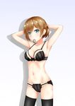  adjusting_hair aqua_eyes black_bra black_legwear black_panties bow bow_bra bow_panties bra brown_hair cowboy_shot drop_shadow gradient gradient_background highres lingerie miken miyamori_aoi navel panties shirobako solo striped striped_bra striped_panties thighhighs underwear underwear_only 