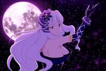  armpits breasts dress elbow_gloves flower gloves hair_flower hair_ornament hairband idolmaster idolmaster_(classic) jabara_tornado long_hair looking_at_viewer medium_breasts moon night night_sky purple_eyes shijou_takane sideboob silver_hair sky solo strapless strapless_dress 