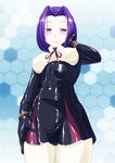  breasts covered_nipples hair_intakes highres kantai_collection latex medium_breasts purple_eyes purple_hair short_hair skin_tight solo tamakko tatsuta_(kantai_collection) 