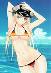  :o absurdres armpits arms_up bikini bismarck_(kantai_collection) blonde_hair blue_eyes breasts cleavage cloud day flag_print german_flag german_flag_bikini germany hat highres kamimiya kantai_collection large_breasts long_hair looking_at_viewer multicolored multicolored_bikini multicolored_clothes multicolored_stripes navel ocean sky solo striped swimsuit thigh_gap 