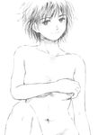  covering covering_breasts greyscale iro_(waterloafer) light_smile looking_at_viewer monochrome navel nude original short_hair solo white_background 