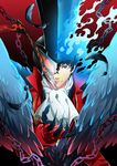  amamiya_ren arizuka_(catacombe) arsene_(persona_5) black_hair blue_fire chain claws cravat fire gloves hat highres looking_at_viewer male_focus mask persona persona_5 solo top_hat transformation wings 