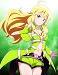  ahoge blonde_hair fingerless_gloves gloves green green_eyes hoshii_miki idolmaster idolmaster_(classic) jabara_tornado long_hair looking_at_viewer midriff mismatched_gloves navel pointing pointing_at_viewer short_shorts shorts solo 