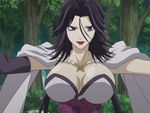  1girl black_hair brave_10 breasts corset female highres kaiyo kaiyo_(brave_10) large_breasts long_hair purple_eyes red_lipstick screencap solo 