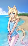  animal_ear_fluff animal_ears beach blonde_hair blue_eyes blue_swimsuit cat_ears cat_tail day frilled_swimsuit frills monorus ocean one-piece_swimsuit original solo swimsuit tail 