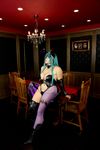  1girl aqua_hair asian bat_wings breasts capcom chouzuki_maryou cosplay female head_wings large_breasts morrigan_aensland morrigan_aensland_(cosplay) photo plump solo vampire_(game) wings 