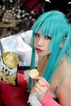  1girl aqua_hair asian bat_wings capcom chouzuki_maryou cosplay head_wings morrigan_aensland morrigan_aensland_(cosplay) photo plump potato_chips solo vampire_(game) wings 