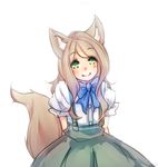  animal_ear_fluff animal_ears bow brown_hair fox_ears fox_tail green_eyes long_hair looking_at_viewer monorus original simple_background skirt smile solo suspenders tail white_background 