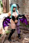  1girl aqua_hair asian bat_wings breasts capcom chouzuki_maryou cosplay female head_wings large_breasts morrigan_aensland morrigan_aensland_(cosplay) photo plump solo vampire_(game) wings 