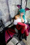  1girl aqua_hair asian bat_wings breasts capcom chouzuki_maryou cosplay female head_wings large_breasts morrigan_aensland morrigan_aensland_(cosplay) photo plump solo vampire_(game) wings 