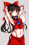  ? armpits arms_behind_head arms_up ascot black_hair bow breasts detached_sleeves grey_eyes hair_bow hair_tubes hakurei_reimu hip_vent long_hair midriff navel no_bra pose shirt sideboob skirt skirt_set small_breasts solo toned touhou uneven_eyes very_long_hair zibun_owl 