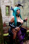  1girl aqua_hair asian bat_wings breasts capcom chouzuki_maryou cosplay female head_wings large_breasts morrigan_aensland morrigan_aensland_(cosplay) photo plump solo vampire_(game) wings 