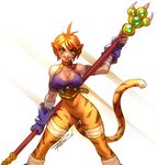  :p animal_ears bandages bottomless breasts breath_of_fire breath_of_fire_ii claws cleavage fingerless_gloves gloves green_eyes large_breasts no_pussy orange_hair rinpoo_chuan robert_porter short_hair slit_pupils solo staff tail tiger_stripes tongue tongue_out weapon whisker_markings 