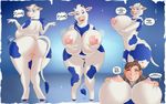  &lt;3 anthro bent_over big_breasts big_butt blue_eyes bovine breasts butt cattle clothed clothing female female/female horn huge_breasts human human_on_anthro interspecies ipan lactaid lactating looking_at_viewer looking_back mammal neckerchief nude presenting presenting_hindquarters pussy wide_hips 
