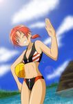  ;d armpits ball bare_shoulders bikini blue_sky cloud day dutch_angle fuchi_(nightmare) grin highres hino_akane_(smile_precure!) looking_at_viewer one_eye_closed open_mouth orange_eyes orange_hair outdoors precure sky smile smile_precure! sparkling_eyes sportswear standing sunlight swimsuit teeth volleyball volleyball_uniform water zipper 