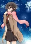  asada_shino black_hair brown_eyes coat minato_(marumira) no_eyewear scarf short_hair snowflakes standing sword_art_online 