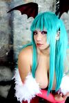  1girl aqua_hair asian bat_wings breasts capcom chouzuki_maryou cosplay female head_wings large_breasts morrigan_aensland morrigan_aensland_(cosplay) photo plump solo vampire_(game) wings 