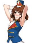  armpits arms_behind_head arms_up band_uniform blush breasts brown_eyes brown_hair gloves hat hibike!_euphonium lintanghaseo lips looking_at_viewer oumae_kumiko shako_cap short_hair small_breasts solo 