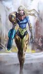  aqua_eyes arm_cannon armor bangs blonde_hair bodysuit breasts broken_armor damaged floating_hair full_body hips lips long_hair longai looking_at_viewer medium_breasts metroid power_armor realistic samus_aran scar scar_across_eye serious solo torn_bodysuit torn_clothes varia_suit walking weapon zero_suit 