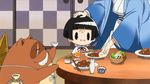  1boy 1girl angry animated animated_gif black_eyes black_hair food gugure!_kokkuri-san ichimatsu_kohina lowres short_hair tanuki 
