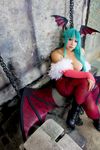  1girl aqua_hair asian bat_wings breasts capcom chouzuki_maryou cosplay female head_wings large_breasts morrigan_aensland morrigan_aensland_(cosplay) photo plump solo vampire_(game) wings 